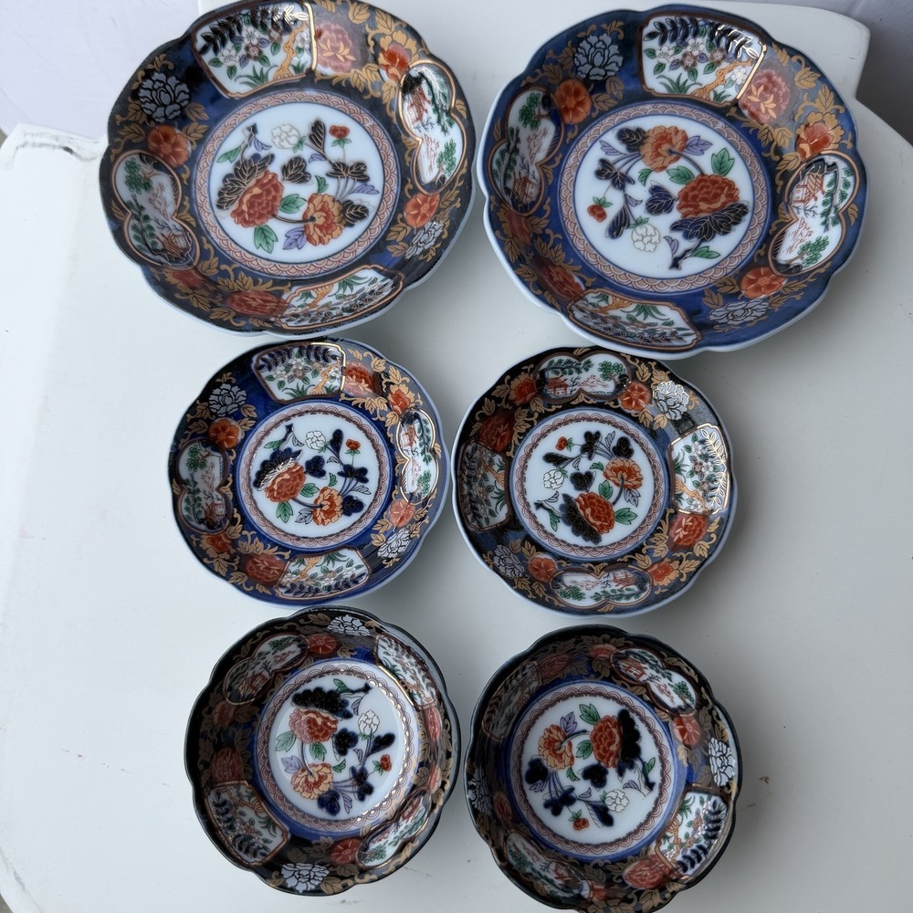 Vintage Japanese Imari Style Porcelain Bowls Set of 6 Floral Scalloped Dishes B-